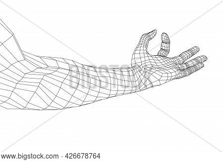 Hand Hold Some Tiny Or Thin Object. Vector Rendering Of 3d. Wire-frame Style. Hand Hold Somethin