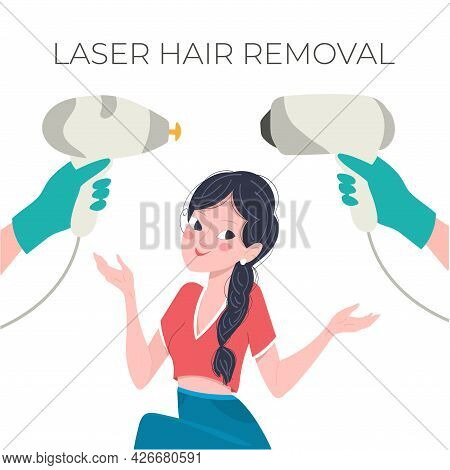 Laser Hair Removal Concept. Young Girl With Diode And Alexandrite Epilator, Vector Illustration In F
