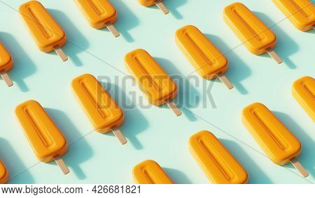Orange popsicles background. Fruity ice pop, ice cream treat 3D illustration