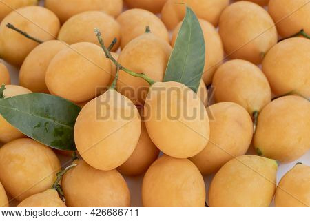 Close-up Group Maprang Or Plum Mangos. Thai Summer Fruit Has A Sweet And Sour Taste. (bouea Macrophy