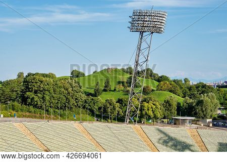 Munich, Germany - Jul 27, 2020: Stadium Of The Olympiapark In Munich, Germany, Is An Olympic Park Wh