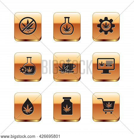Set Stop Marijuana, Marijuana Or Cannabis Leaf Oil, Medical Bottle With, Cup Tea, Test Tube, Shoppin