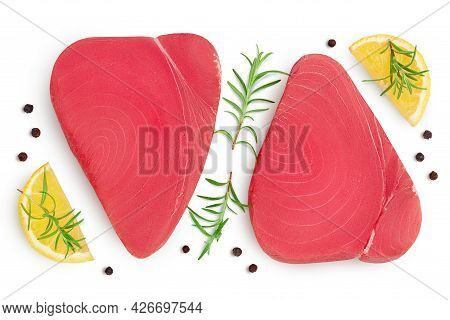 Fresh Tuna Fish Fillet Steak With Rosemary, Lemon And Peppercorns Isolated On White Background With 