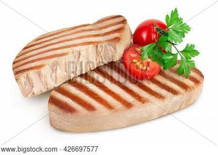 Tuna Fish Steak Grilled Isolated On White Background With Clipping Path And Full Depth Of Field