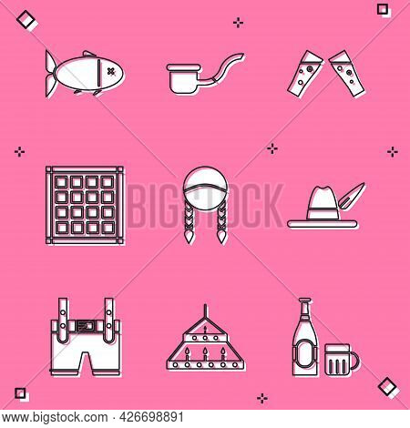 Set Fish, Smoking Pipe, Glass Of Beer, Checkered Napkin, Braid, Oktoberfest Hat, Lederhosen And Mass