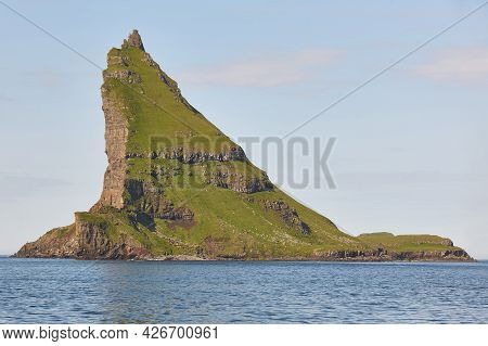 Faroe Islands Green Coastline Landscape Near Vagar Island. Seascape