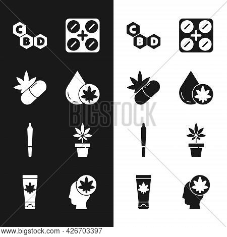 Set Marijuana Or Cannabis Olive Oil, Medical Pills With Marijuana, Cannabis Molecule, Joint, Plant, 
