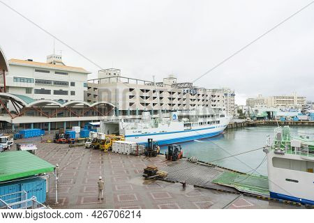 Okinawa, Japan - June 11,2019 : View Of Tomarin Terminal In Rainy Day In Naha, Okinawa, Japan On Jun