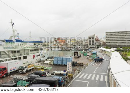 Okinawa, Japan - June 11,2019 : View Of Tomarin Terminal In Rainy Day In Naha, Okinawa, Japan On Jun