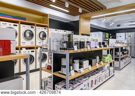 Chisinau, Moldova, May 2020: showroom of domestic appliance store with washing machines and other domestic devices, mostly from Bosch brand