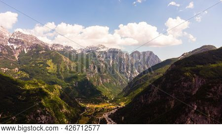 Scenic Paradisiac Landscape View Of Albanian Alps Mountains. Traveling, Exploring, Holiday Concept
