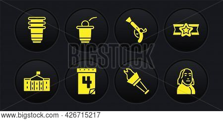 Set United States Capitol Congress, Star American Military, Calendar With Date July 4, Torch Flame, 