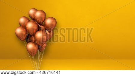 Copper Balloons Bunch On A Yellow Wall Background. Horizontal Banner. 3d Illustration Render