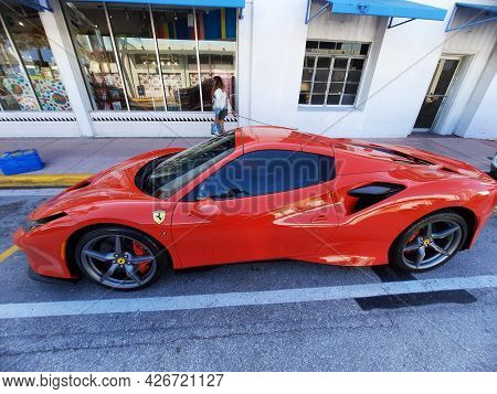 Los Angeles, California Usa - March 24, 2021: Red Ferrari F8 Tributo Luxury Sport Car Top Side View.