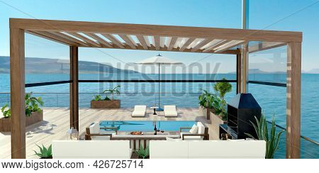 3d Illustration Of Luxury Contemporary Outdoor Wooden Patio With Swimming Pool And Sea View. Deck Ch