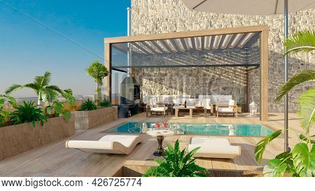 3d Render Of Luxury Contemporary Outdoor Wooden Patio With Swimming Pool.deck Chairs With Umbrella A