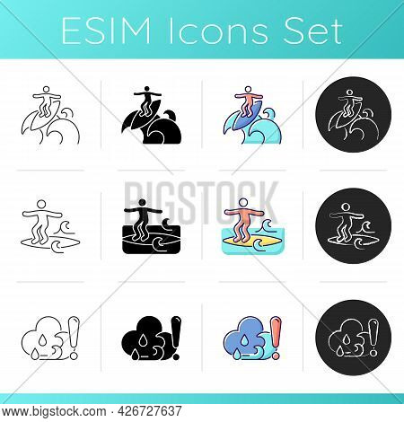 Riding Waves In Ocean Icons Set. Floater Surfing Technique. Noseriding Maneuver. Surf Forecast. Chec