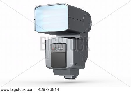 Camera External Flash Speedlight Isolated On White Background. 3d Rendering And Illustration Of Prof