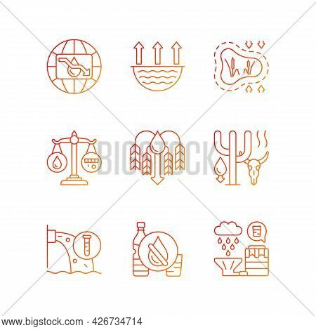 Water Resources Lacking Gradient Linear Vector Icons Set. Water Scarcity. Disappearing Wetlands. Cro