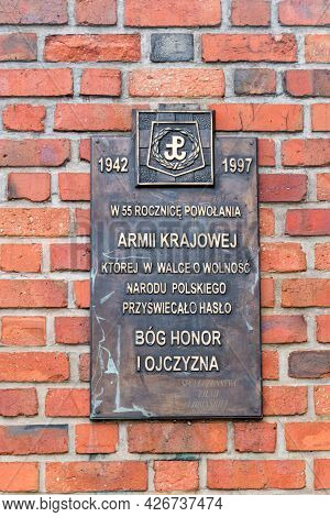 Lubin, Poland - June 1, 2021: Memorial Plaque To Home Army (polish: Armia Krajowa).
