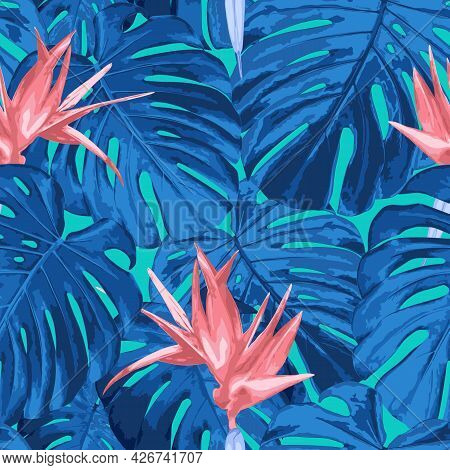 Tropical Floral Seamless Pattern. Vector Background In Trendy Fantasy Colors. Texture With Bright Bl