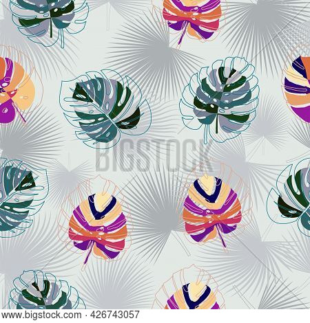 Abstract Composition Of Monstera Leaves. Seamless Floral Pattern.
