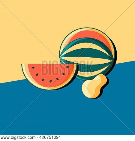 Stylized Still Life With Watermelon And Pear. Colorful Flat Illustration. Element For Design.  Vecto