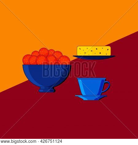 Stylized Still Life With Berries And Kitchen Utensils. Colorful Flat Illustration. Element For Desig