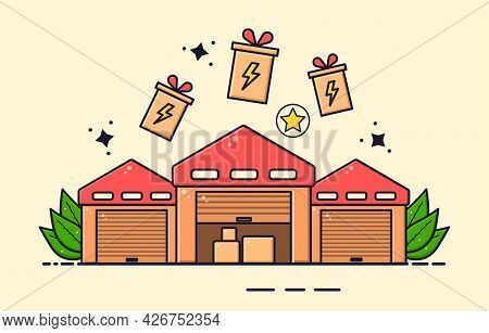 Warehouse To Store Goods Concept. Three Large Rooms With A Red Roof, In Which You Can Store Goods Fo
