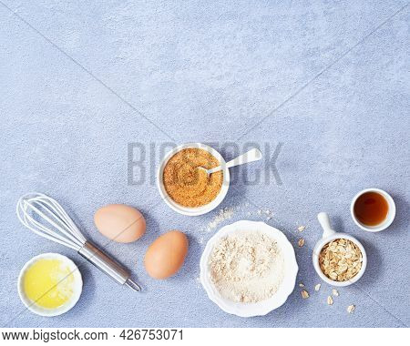 Ingredients For Homemade Oat Pancake With Whole Grain Oat, Coconut Sugar, Vanilla Syrup, Organic Egg