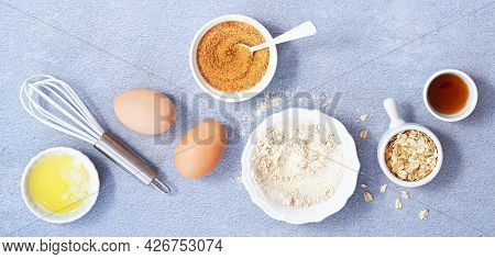 Food Banner. Ingredients For Homemade Oat Pancake With Whole Grain Oat, Coconut Sugar, Vanilla Syrup