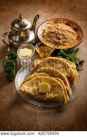 morocco traditional breakfast with sello bread and mint tea