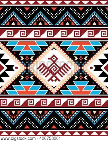 Aztec Triabl Geometric Seamless Vector Pattern With Bird And Traingles - Peruvian Rug Or Carpet Styl
