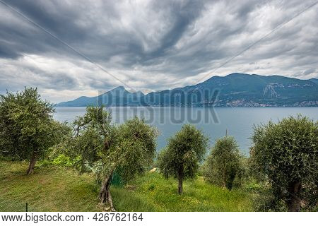 Lago Di Garda. Elevated View Of The Lake Garda With The Lombardy And Veneto Coastline, From The Smal