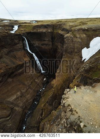 Drone shot of the Haifoss waterfall, Iceland