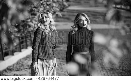 Autumn Season. Fall Fashion Season. Pleated Trend. Girls In Corrugated Skirt And Sweater. Female Bea