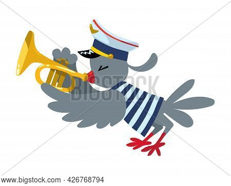 Bird Play Trumpet. Brass Band Of Animals.