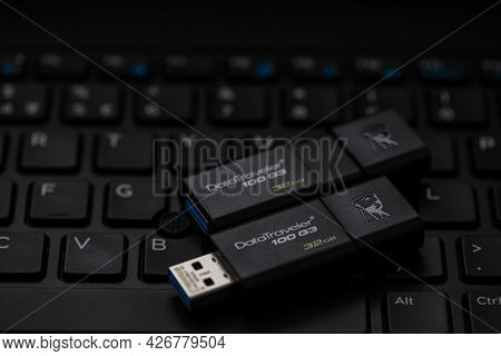 Timisoara, Romania - April 14, 2021: Kingston Datatraveller 100 G3 Flash Drive Connected On A Laptop