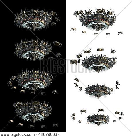 3d Rendered Collage Of Spaceship Instances With Swarming Drones, With The Clipping Path Included In 