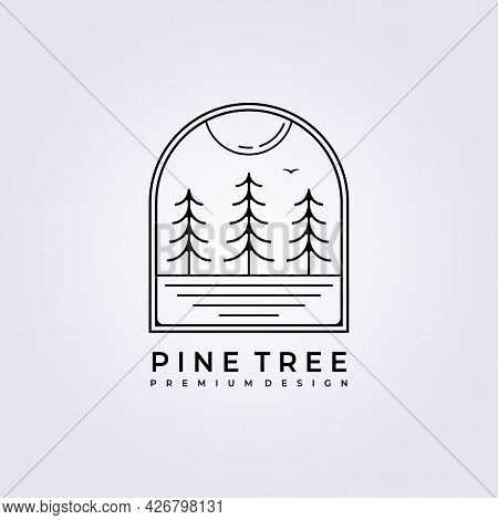 Sunset Forest Pine Tree Logo Vector Illustration Design Line Art Simple Badge Landscape Lake Forest