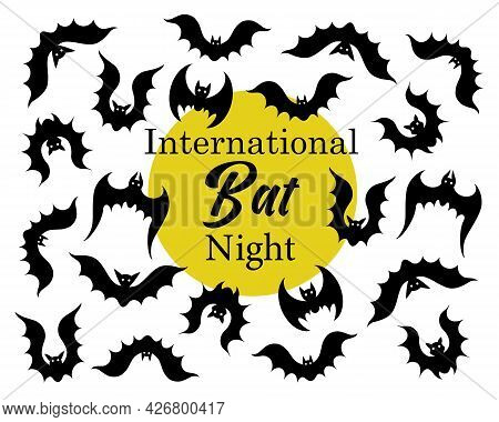 International Bat Night. A Flock Of Bats In Various Poses. Flying Vampires Against The Background Of