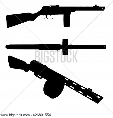 Set With Silhouettes Of A Russian Machine Gun In Various Positions Isolated On A White Background. V