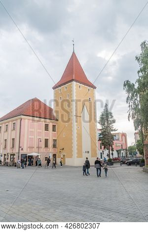 Lubin, Poland - June 1, 2021: Gothic 14th Century Glogow Tower At Cloudy Day.