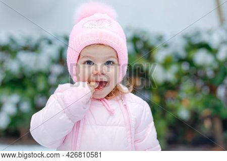 Portrait Of Little Toddler Girl Walking Outdoors In Winter. Cute Toddler Eating Sweet Lollypop Candy