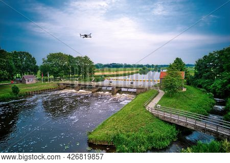 An Aerial View With Drone In The Background Above A Weir In The River Vecht In The Netherlands. Down