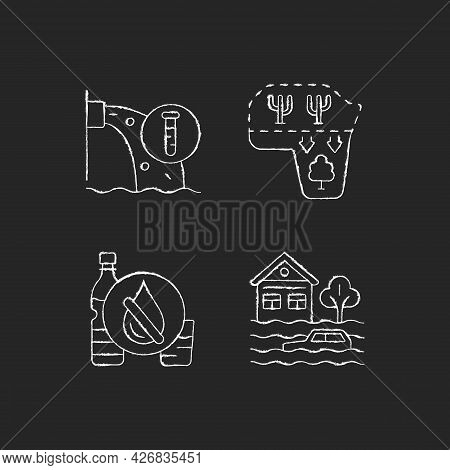 Water Stress Chalk White Icons Set On Dark Background. Desert Expansion. Urban Runoff Management. La