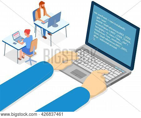 Hands Of Programmer Working On Computer. Programming Or Coding Concept. Carton Characters Work With 
