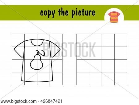 Children S Mini-game On Paper - Draw A T-shirt With A Pear. Copy The Picture Using Grid Lines, Simpl