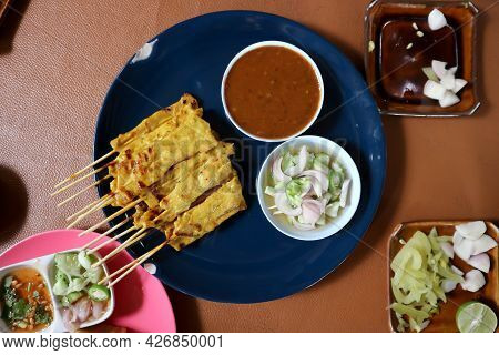 Satay Or Pork Satay , Grilled Pork With Dip