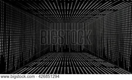 Abstract Monochrome Futuristic Background With The Strings Forming A Corridor. Motion. Narrow White 
